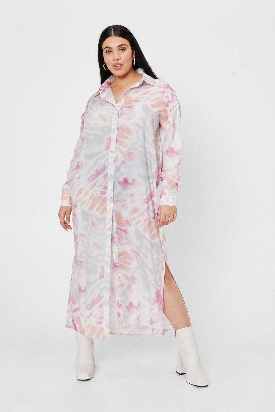 Pink Plus Size Tie Dye Print Maxi Shirt Dress