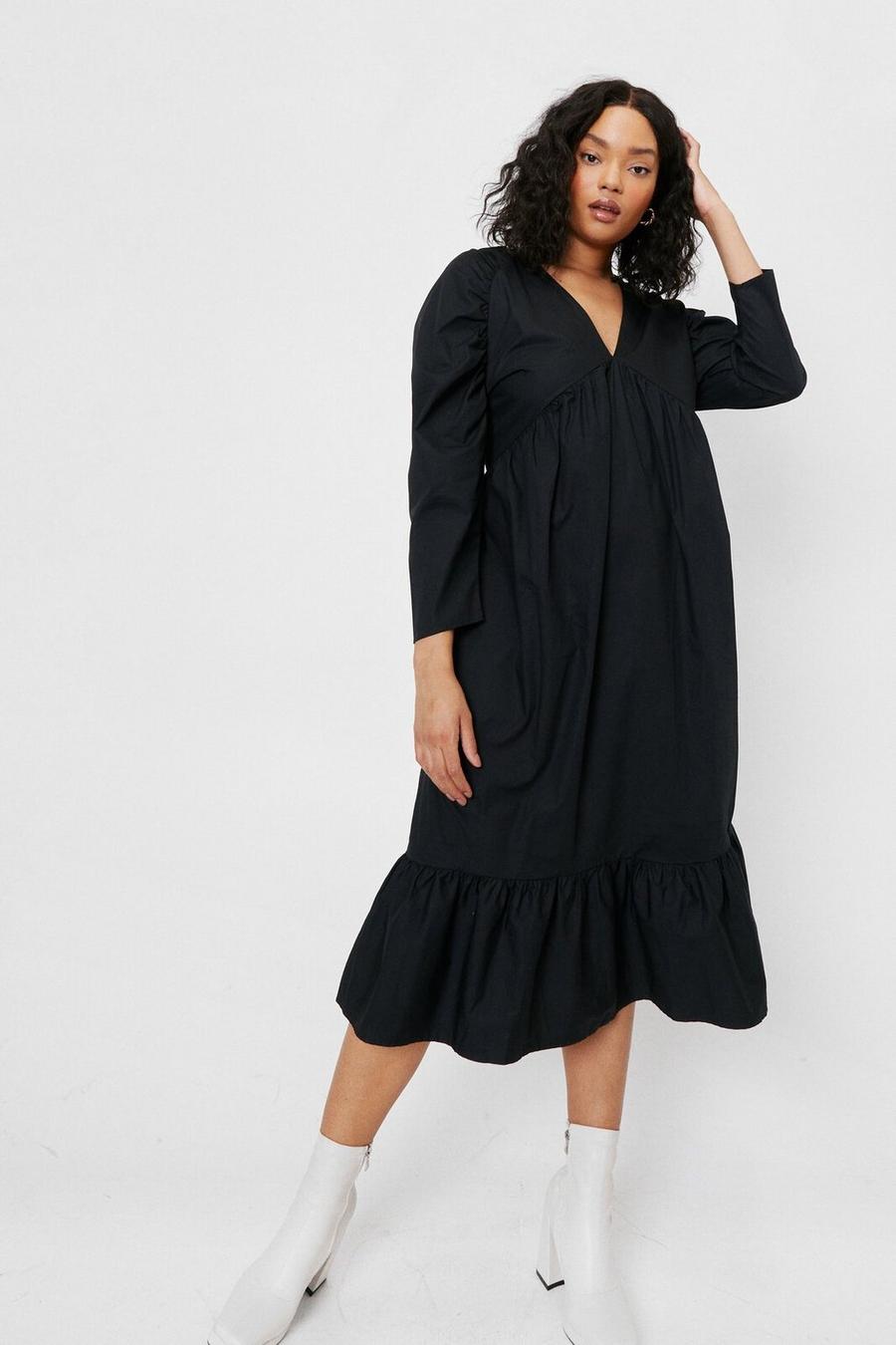 Black Plus Size Gathered Sleeve Cotton Maxi Dress image number 1