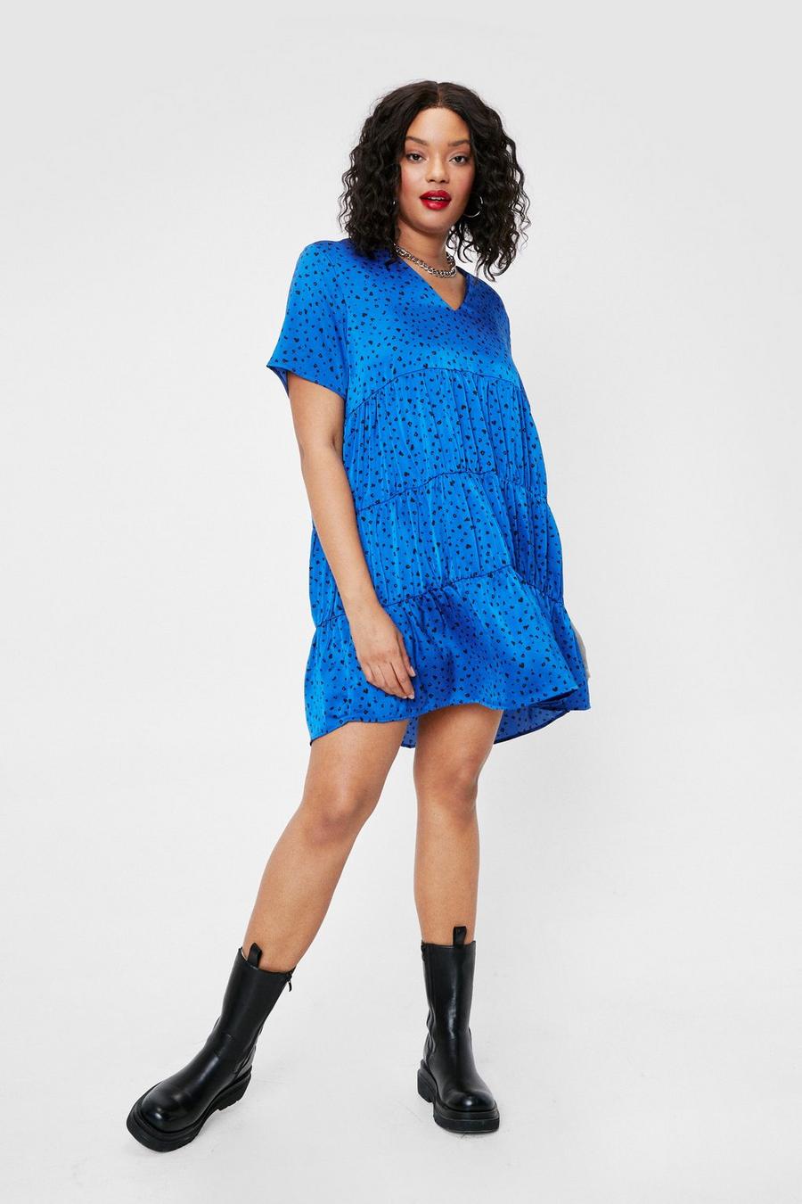 Blue Plus Size Polka Dot V Neck Mini Dress