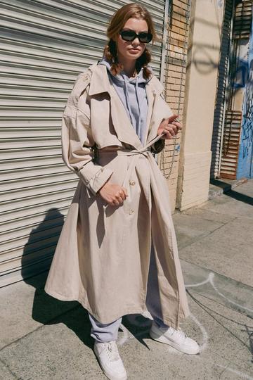 Stone Beige Hooded Oversized Belted Trench Coat