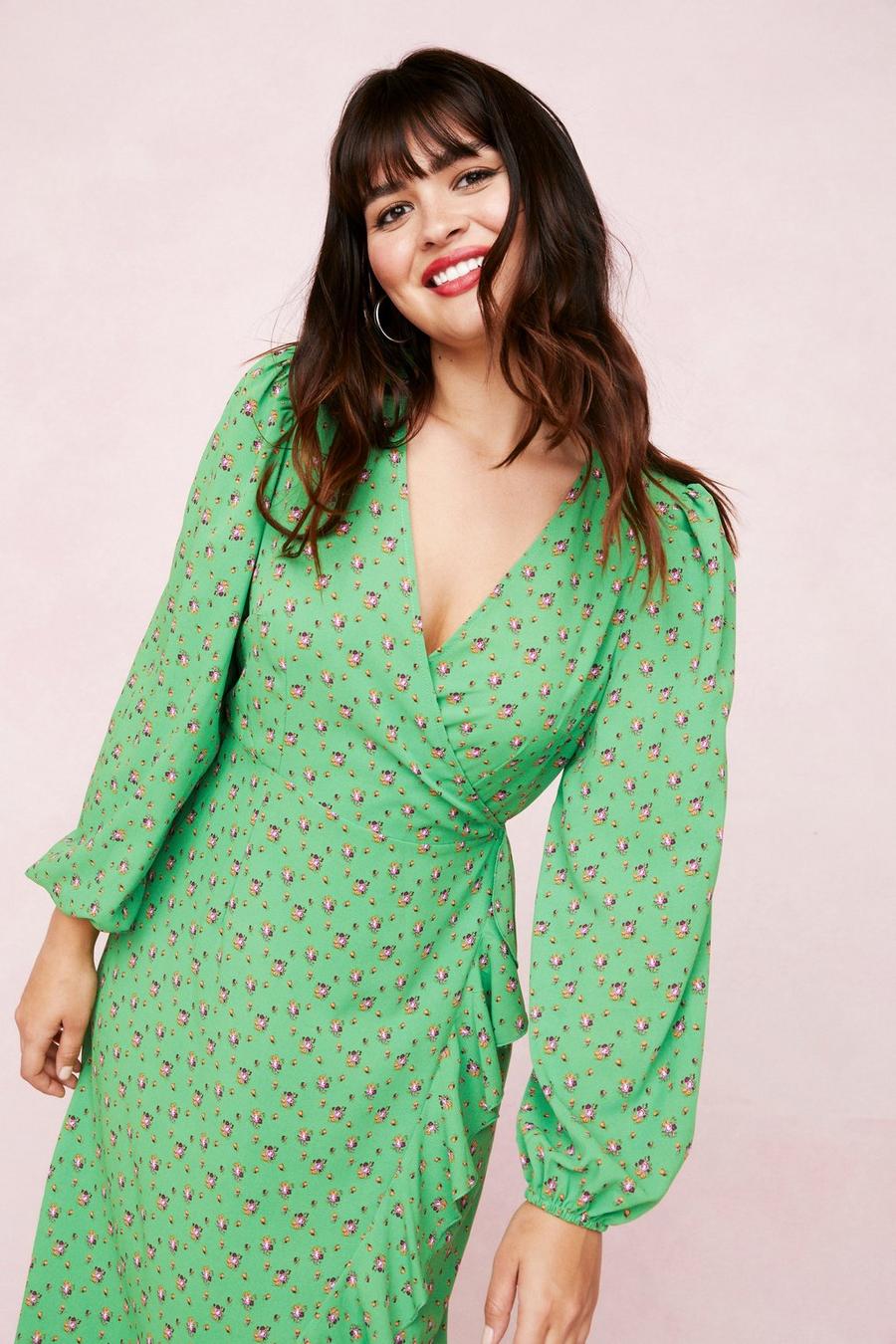 Green Plus Size Floral Long Sleeve Wrap Dress
