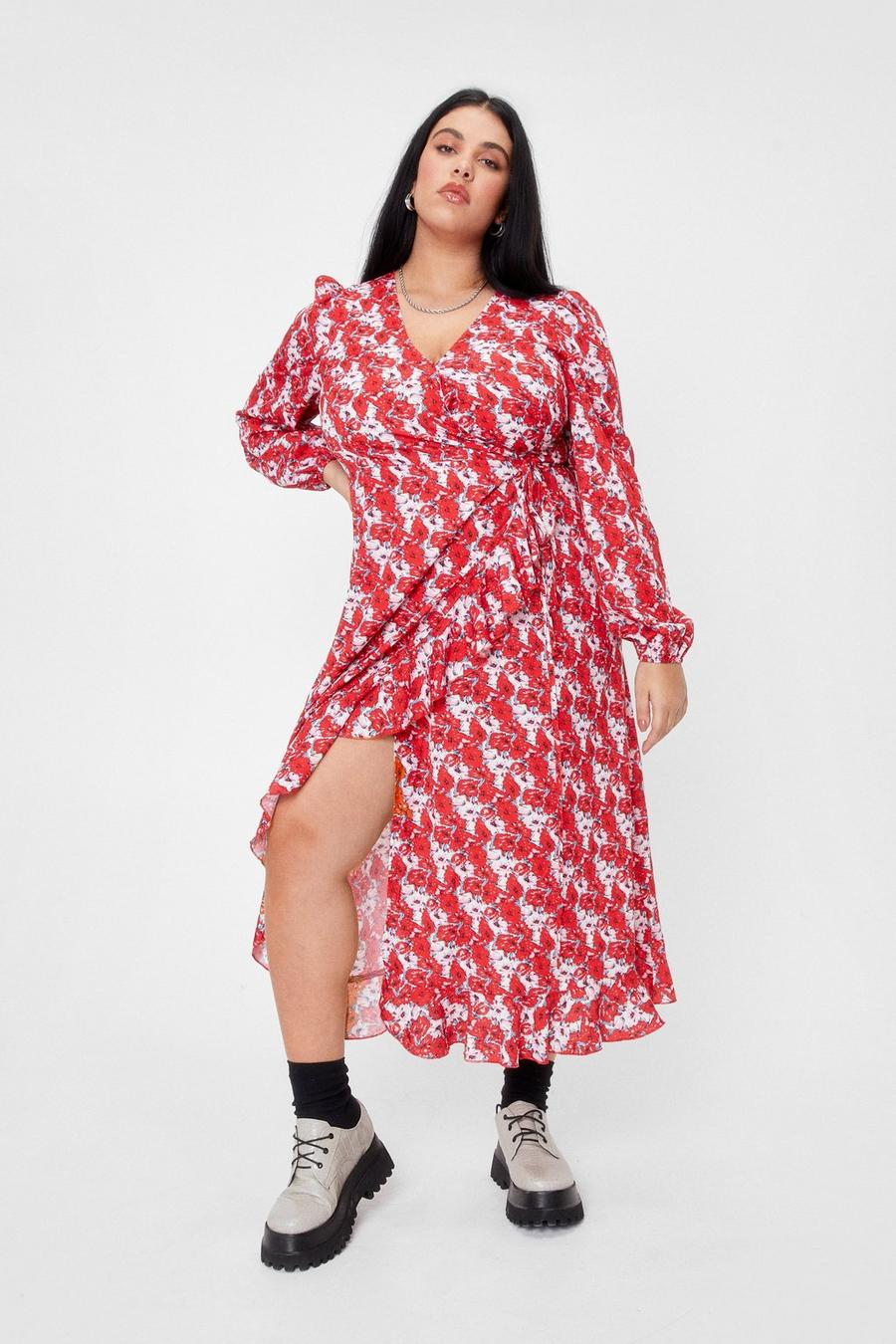 Red Plus Size Floral Wrap Midi Dress