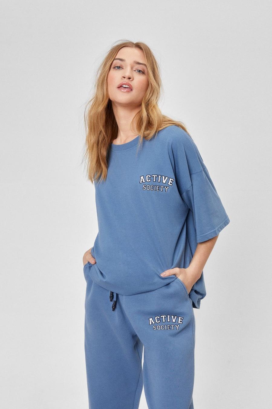 Blue Active Society Oversized Embroidered T-Shirt