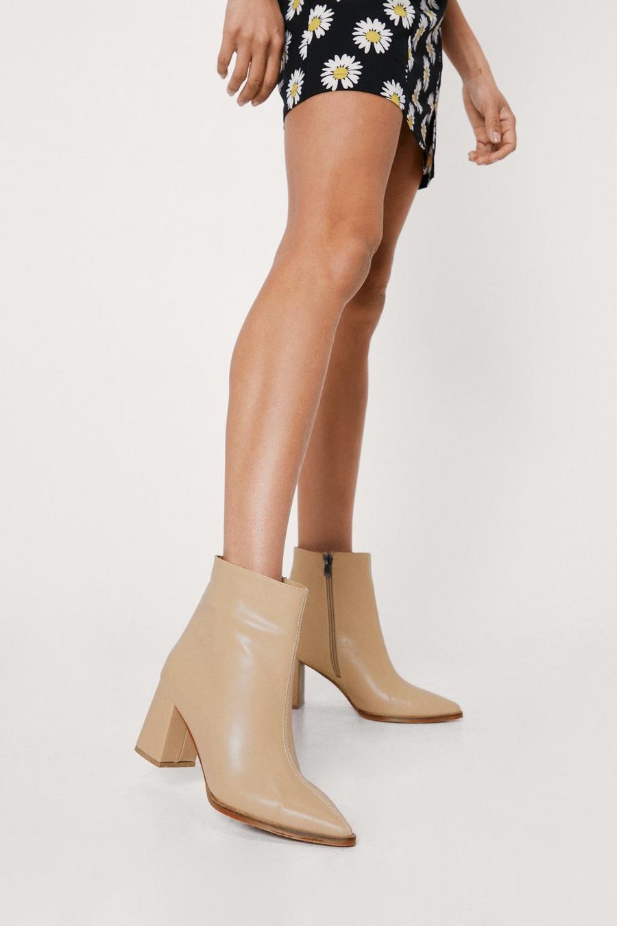 Beige Faux Leather Pointed Toe Heeled Ankle Boots