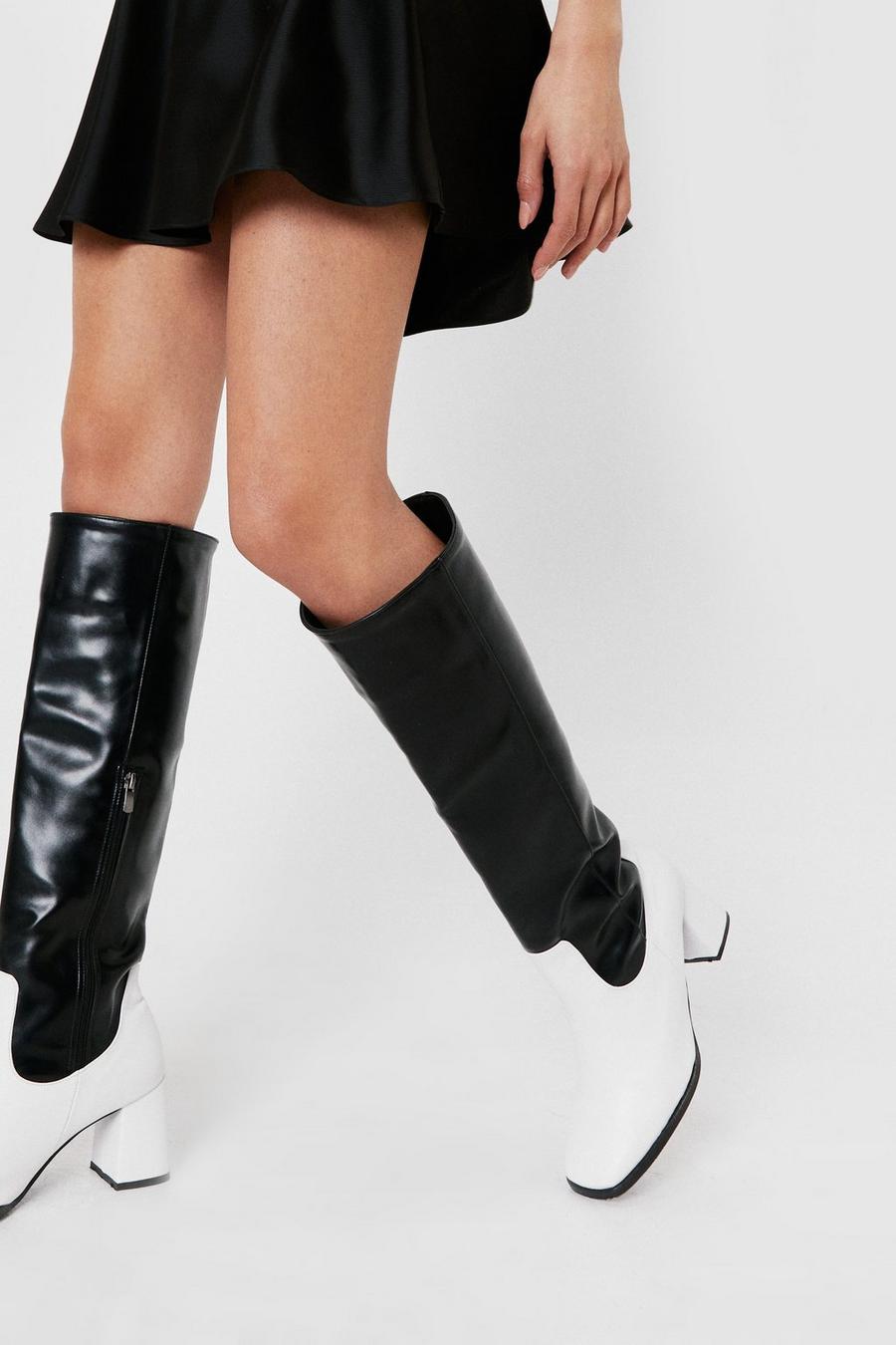 Black Two Tone Square Toe Knee High Boots