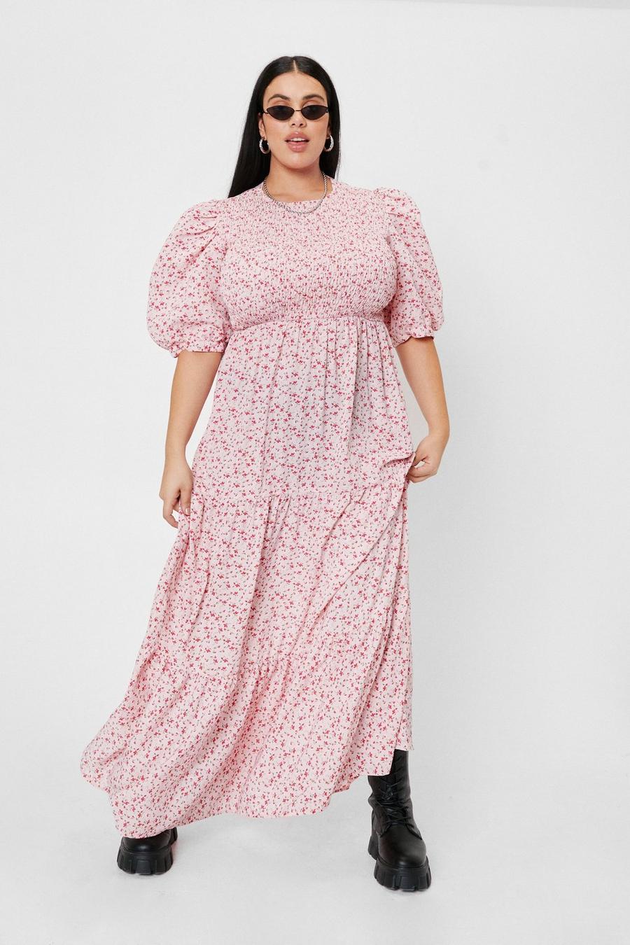 Pink Plus Size Floral Print Puff Sleeve Maxi Dress
