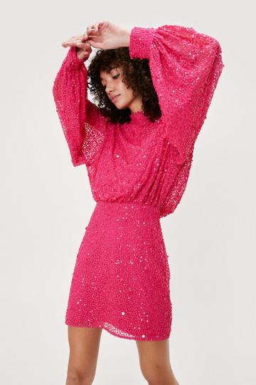 Pink Balloon Sleeve Sequin Embellished Mini Dress