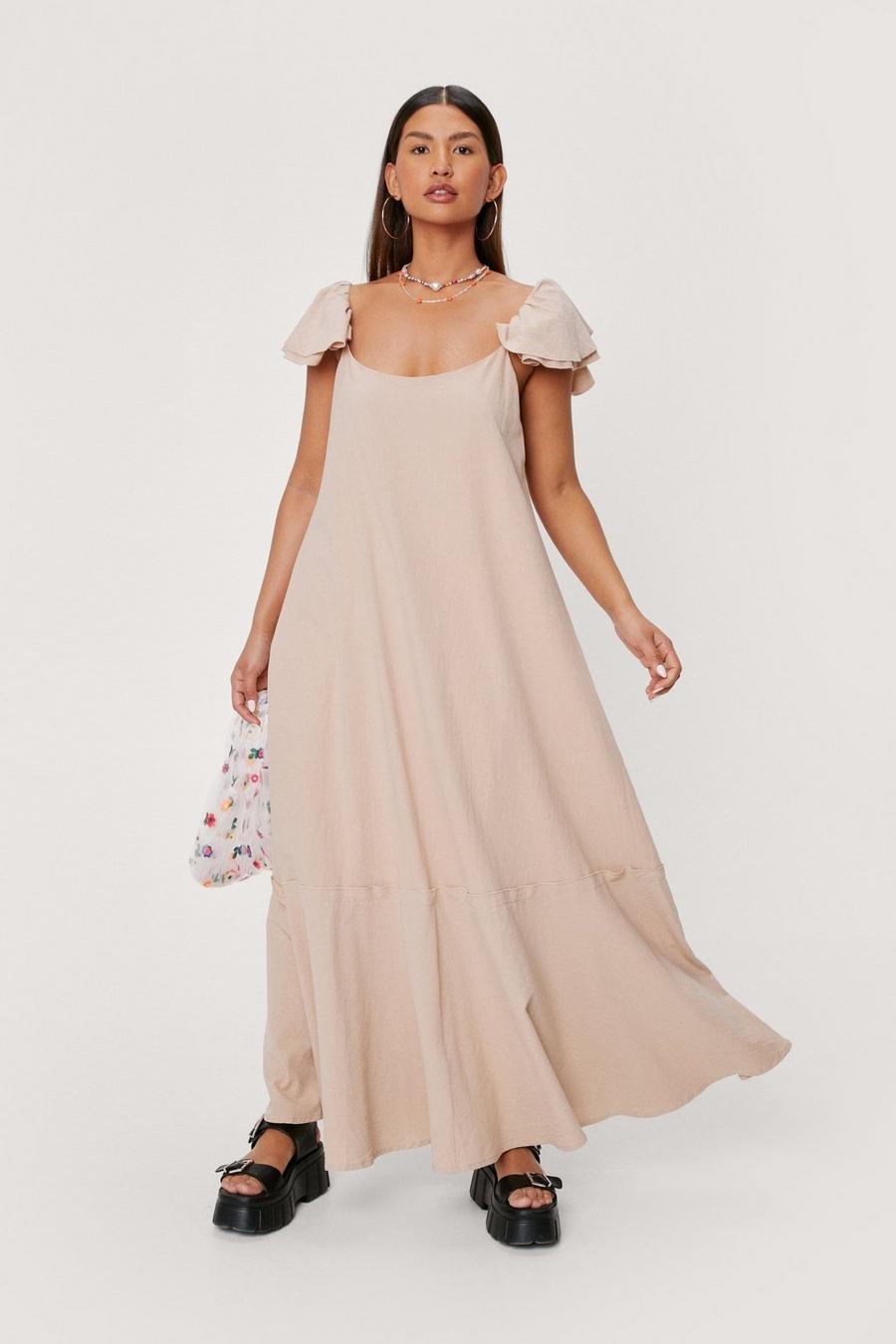 Sand beige Ruffle Linen Look Relaxed Maxi Dress image number 1