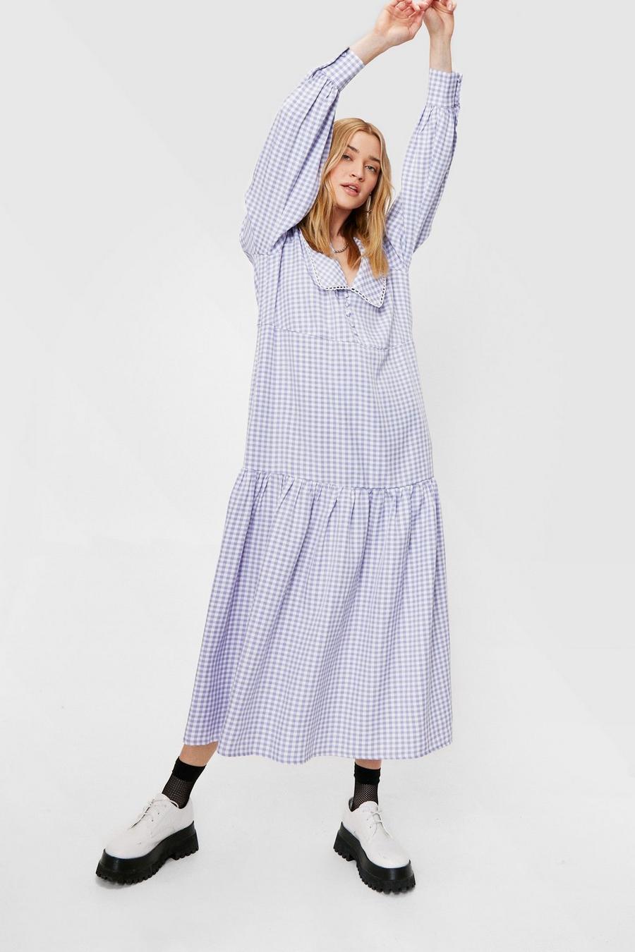 Lilac purple Gingham Print Long Sleeve Maxi Dress