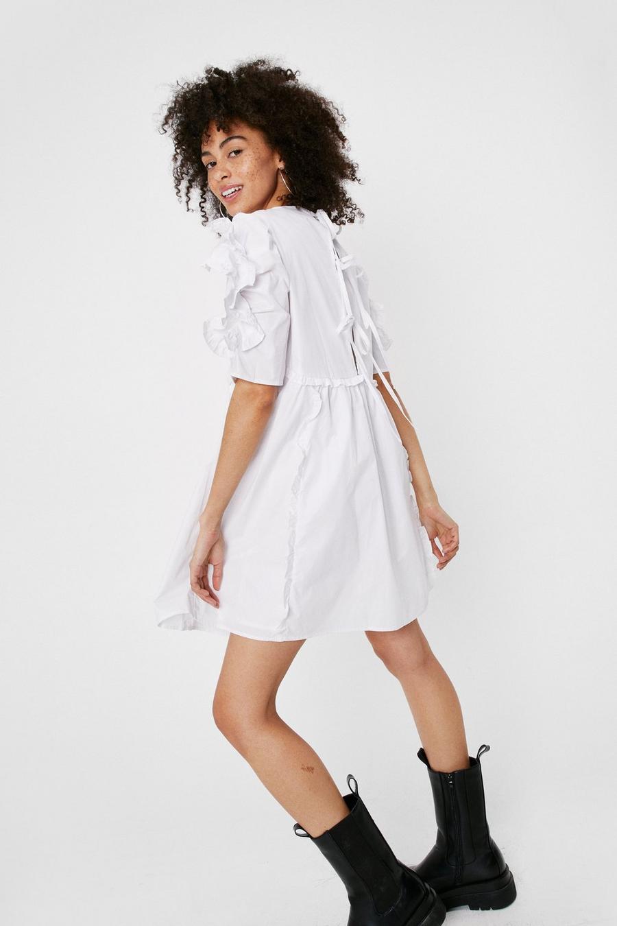 White Ruffle Puff Sleeve Tie Back Mini Smock Dress