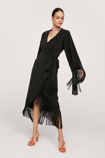 Wrap Fringe Detail Midi Dress black