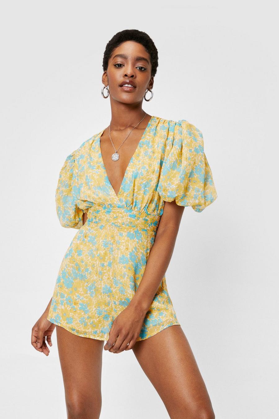 Yellow Floral Chiffon V Neck Puff Sleeve Playsuit