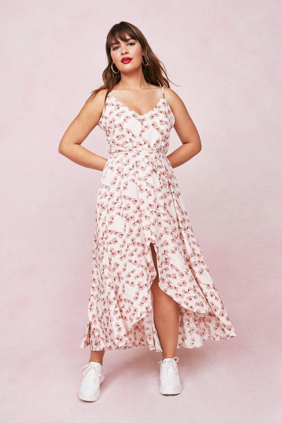 Cream white Plus Size Floral Print Strappy Maxi Dress