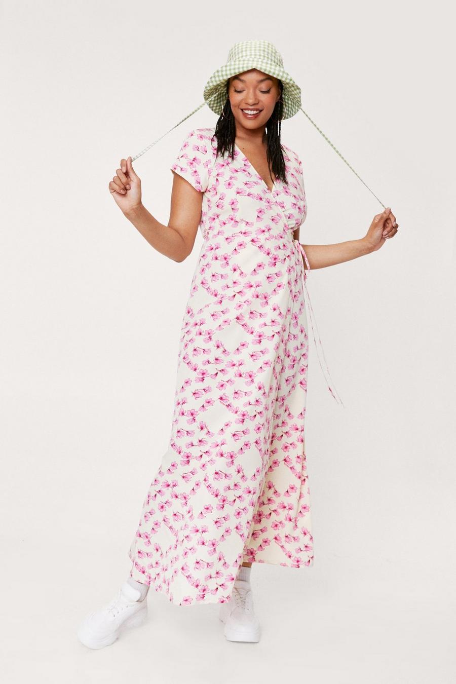 Cream white Plus Size Floral Print Wrap Maxi Dress image number 1
