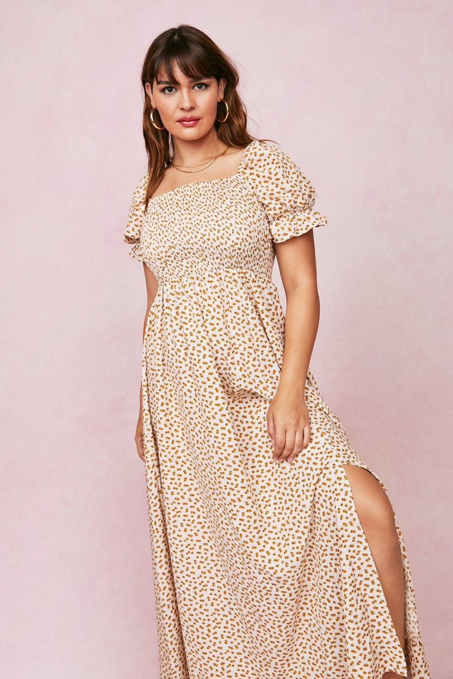 Cream white Plus Size Ditsy Floral Shirred Maxi Dress image number 1