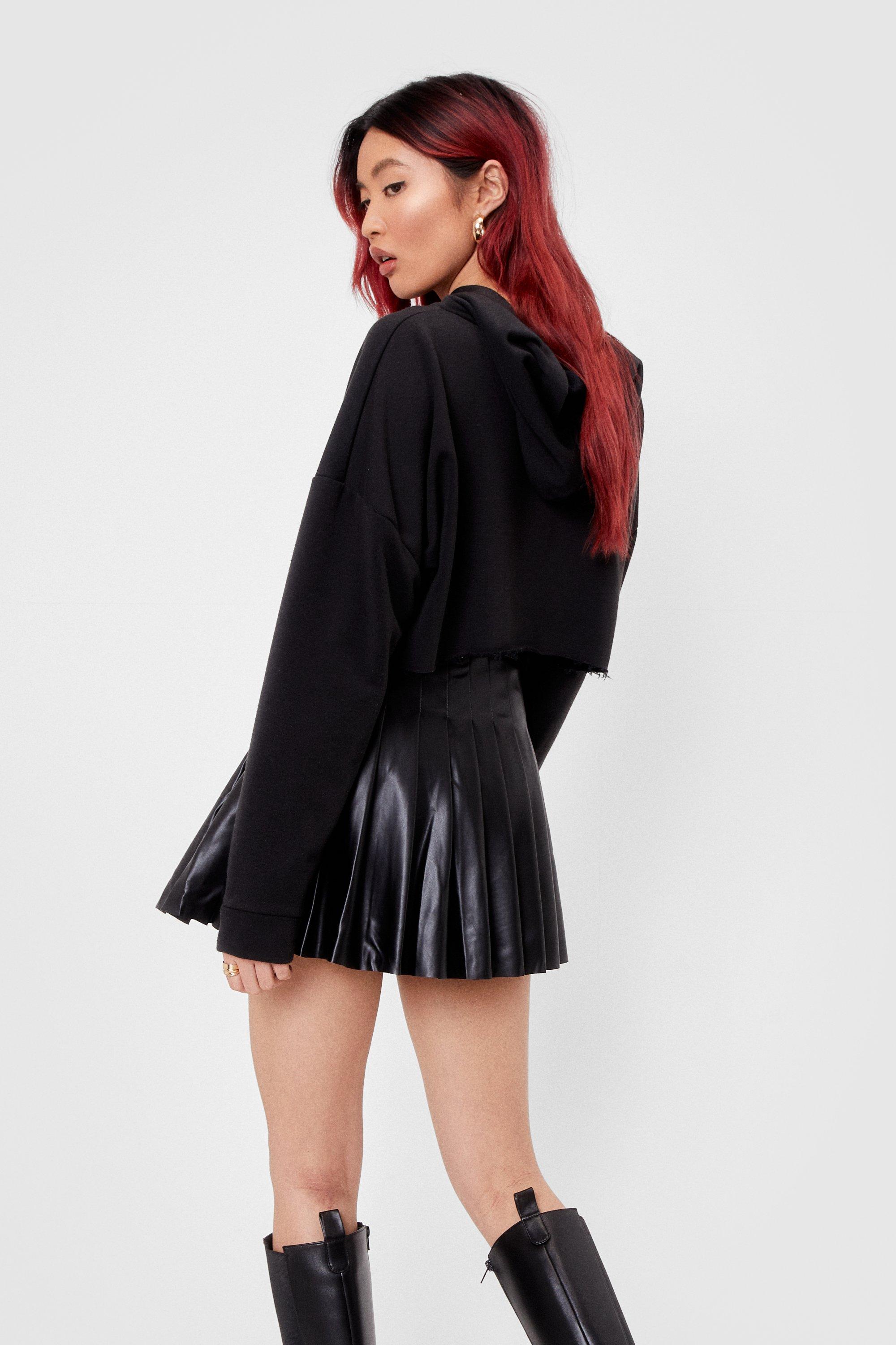 Black Faux Leather Pleated Skater Skirt