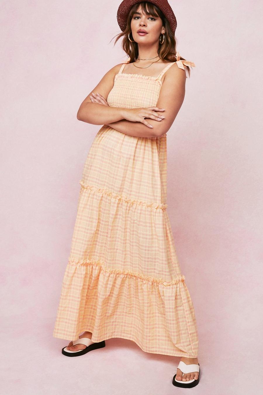Peach orange Plus Size Check Tiered Maxi Dress