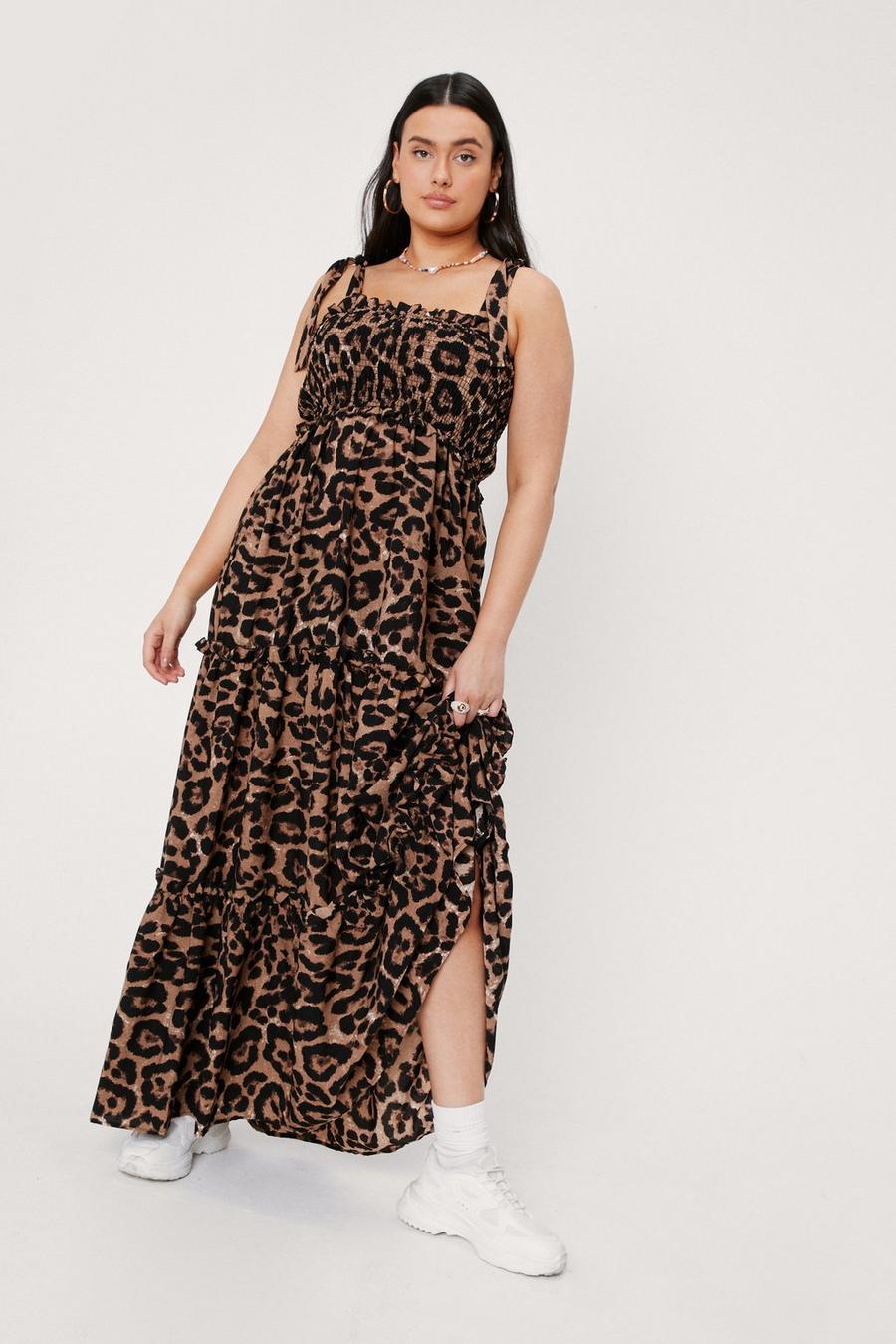 Brown Plus Size Tiered Leopard Print Maxi Dress