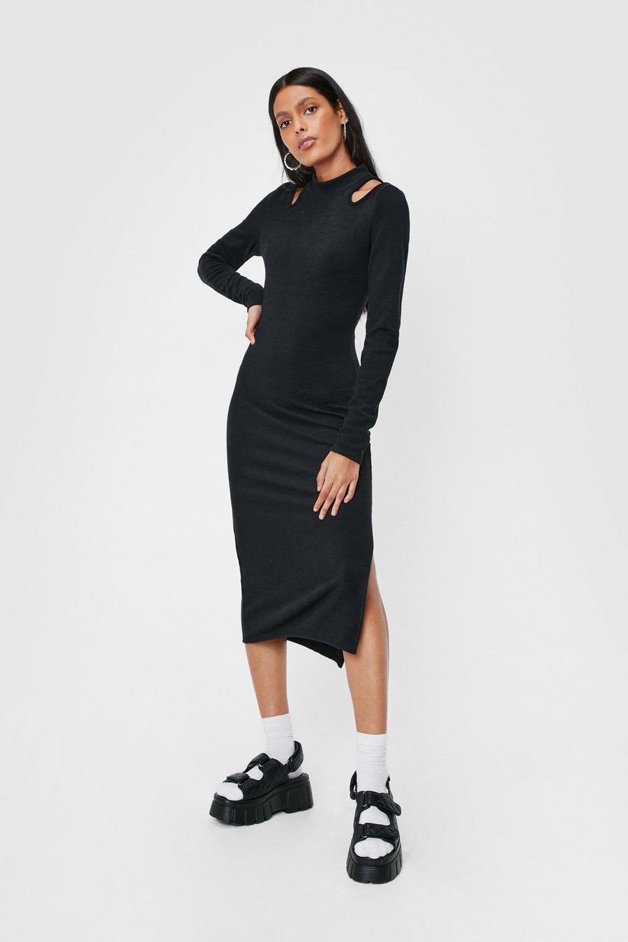 Black Recycled Cut Out High Neck Midi Dress
