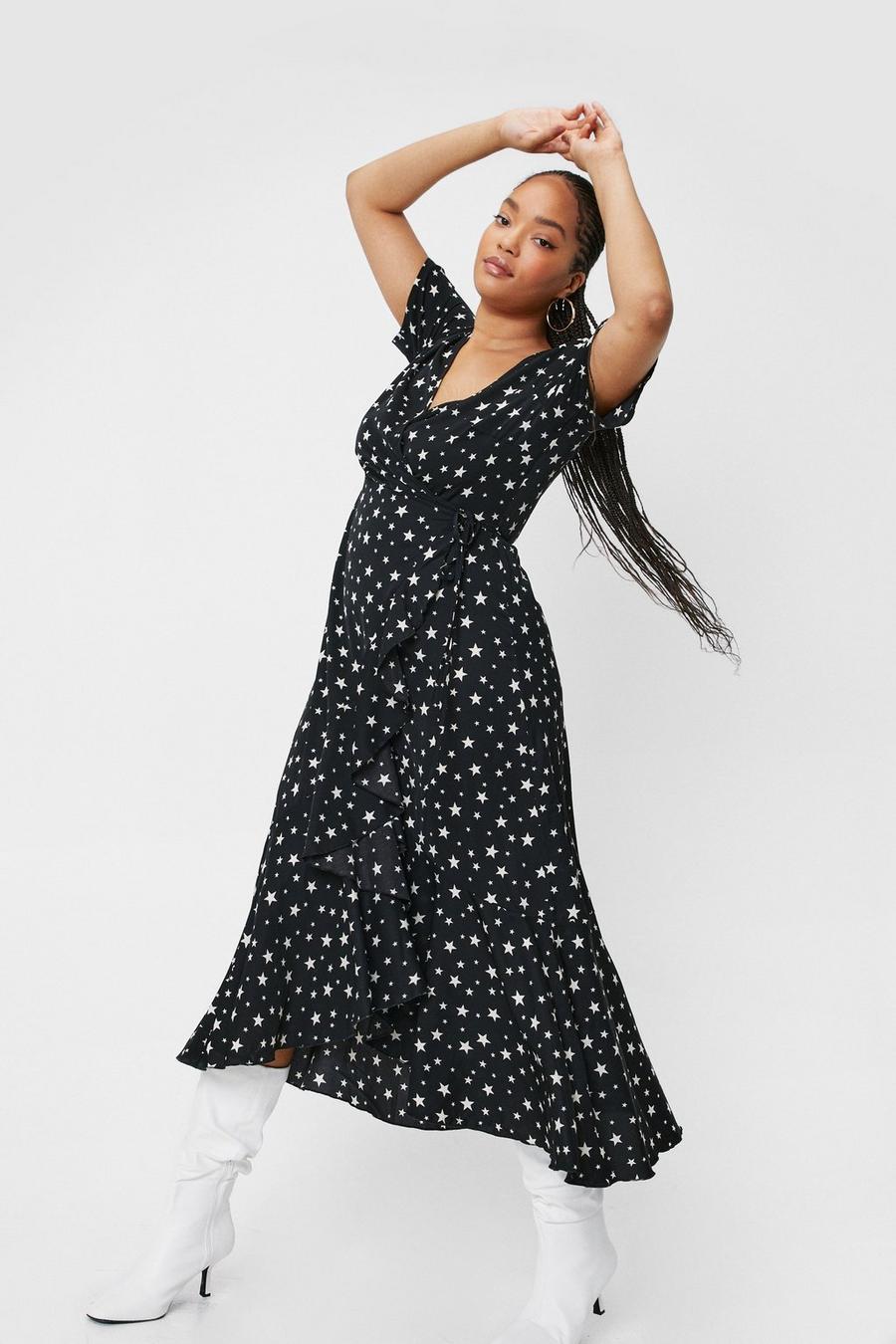 Black Plus Size Star Print Wrap Maxi Dress