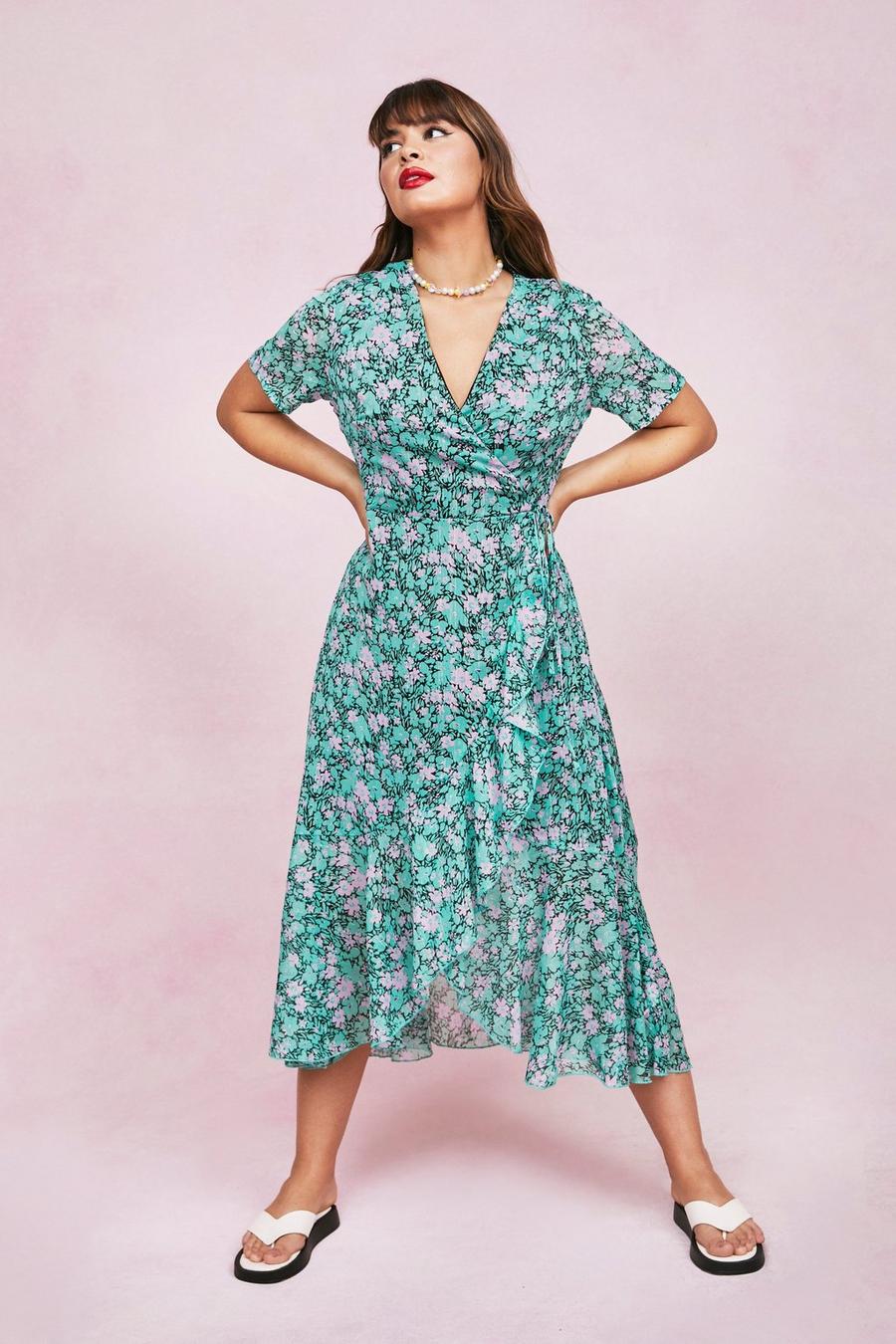 Green Plus Size Floral Wrap Maxi Dress