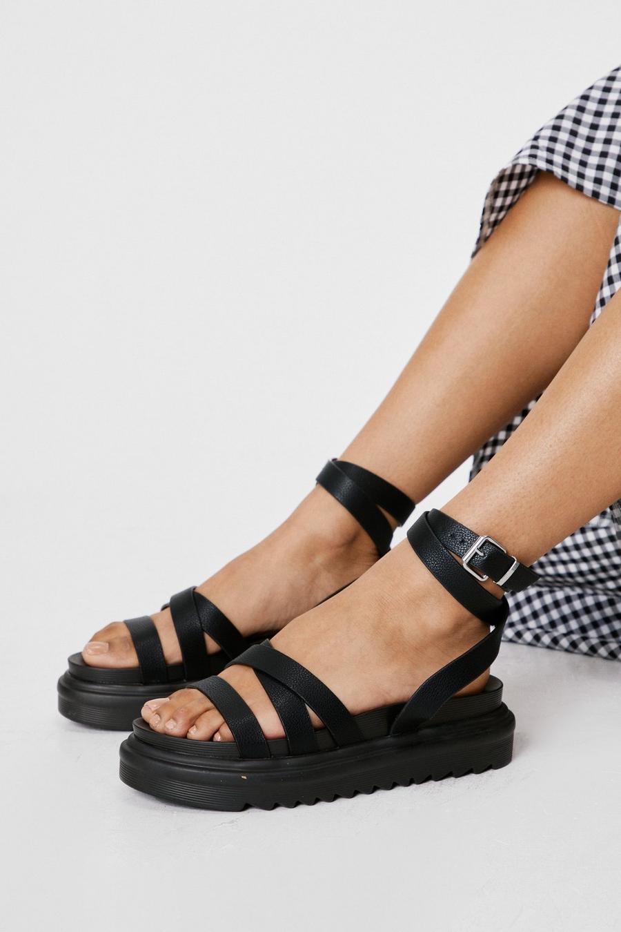 Black Wide Fit Faux Leather Cross Strap Flatform Sandals