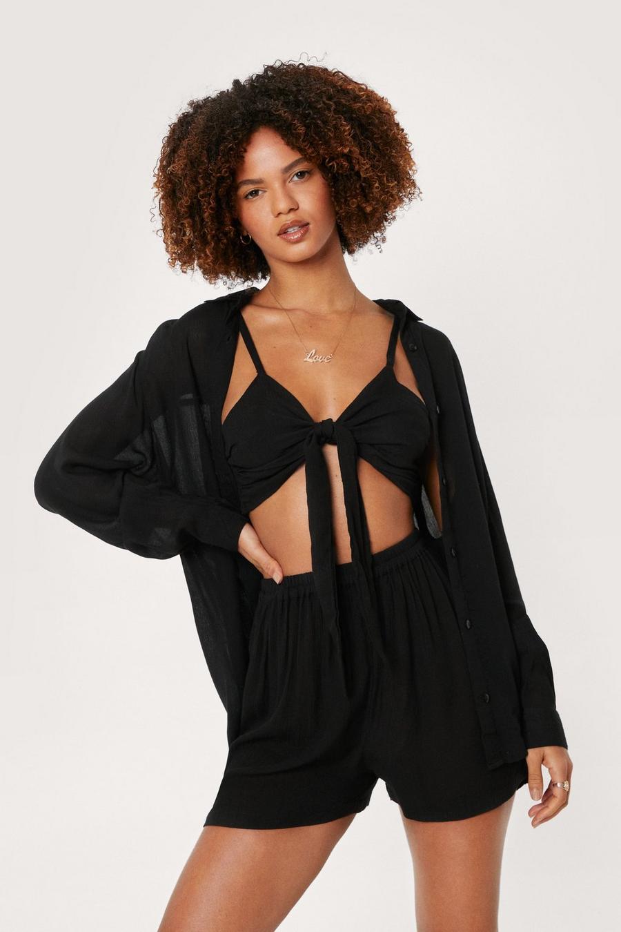 Black Bralette Shirt rick and Shorts 3pc Beach Cover Up Set image number 1