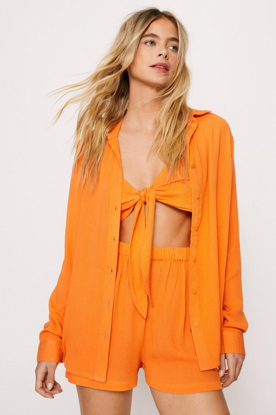 Orange Bralette Shirt and Shorts 3pc Beach Cover Up Set