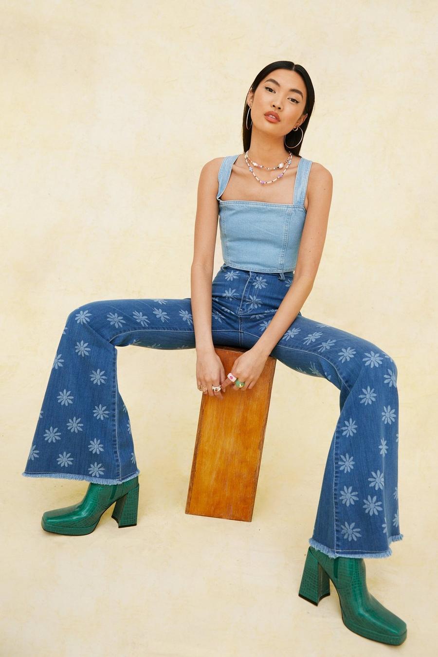 Light blue High Waisted Daisy Print Flared Trousers