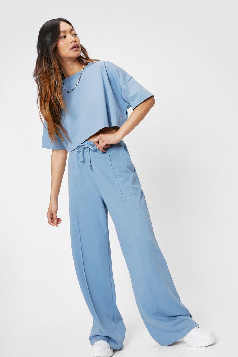 Dusty blue Petite Cropped T-Shirt and Wide Leg Trousers Set