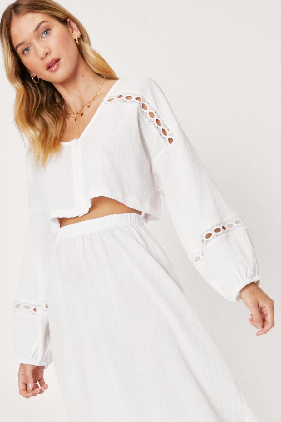 Cream white Crinkle Lace Insert Beach Cover Up Shirt