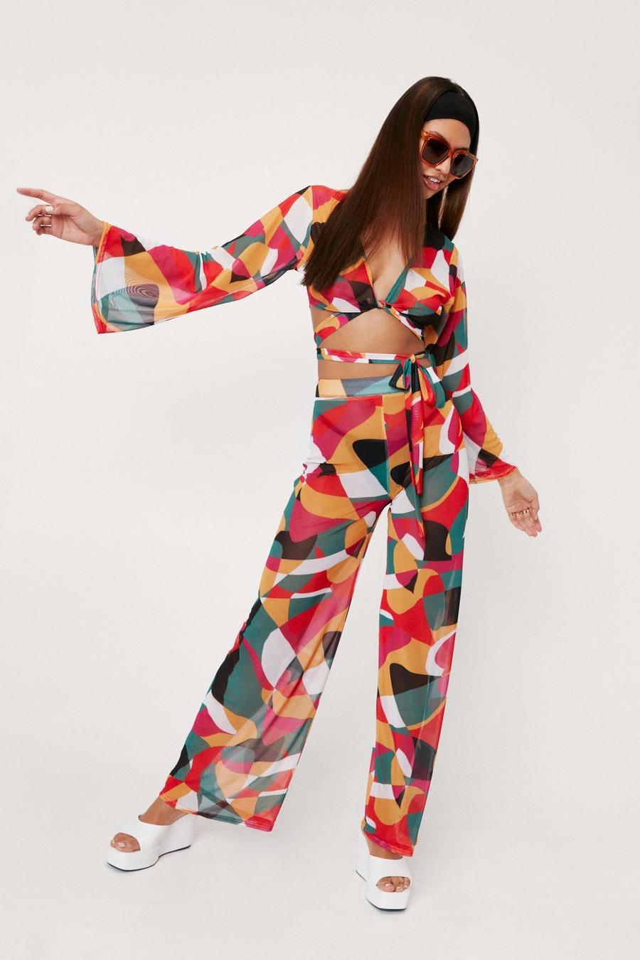 Green Abstract Print Beach Cover Up Top and Trousers Set