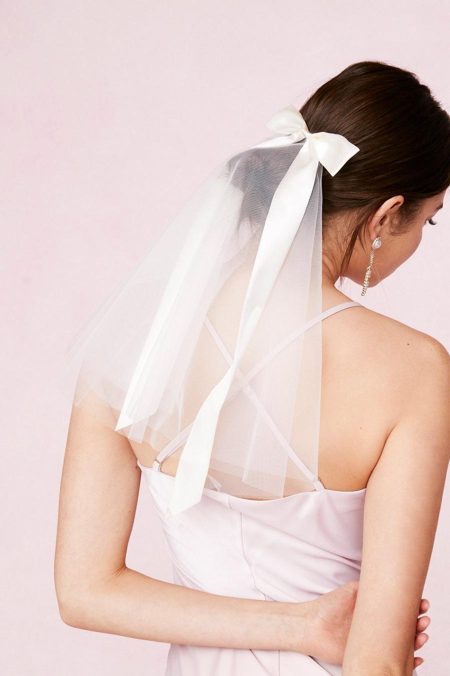 White Bridal Satin Bow Hair Clip and Veil
