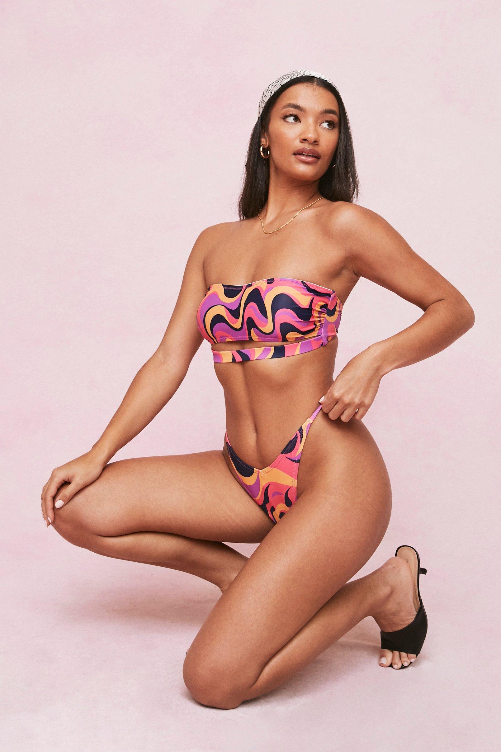 Marble Print Cut Out Bandeau Bikini Set boohoo UK