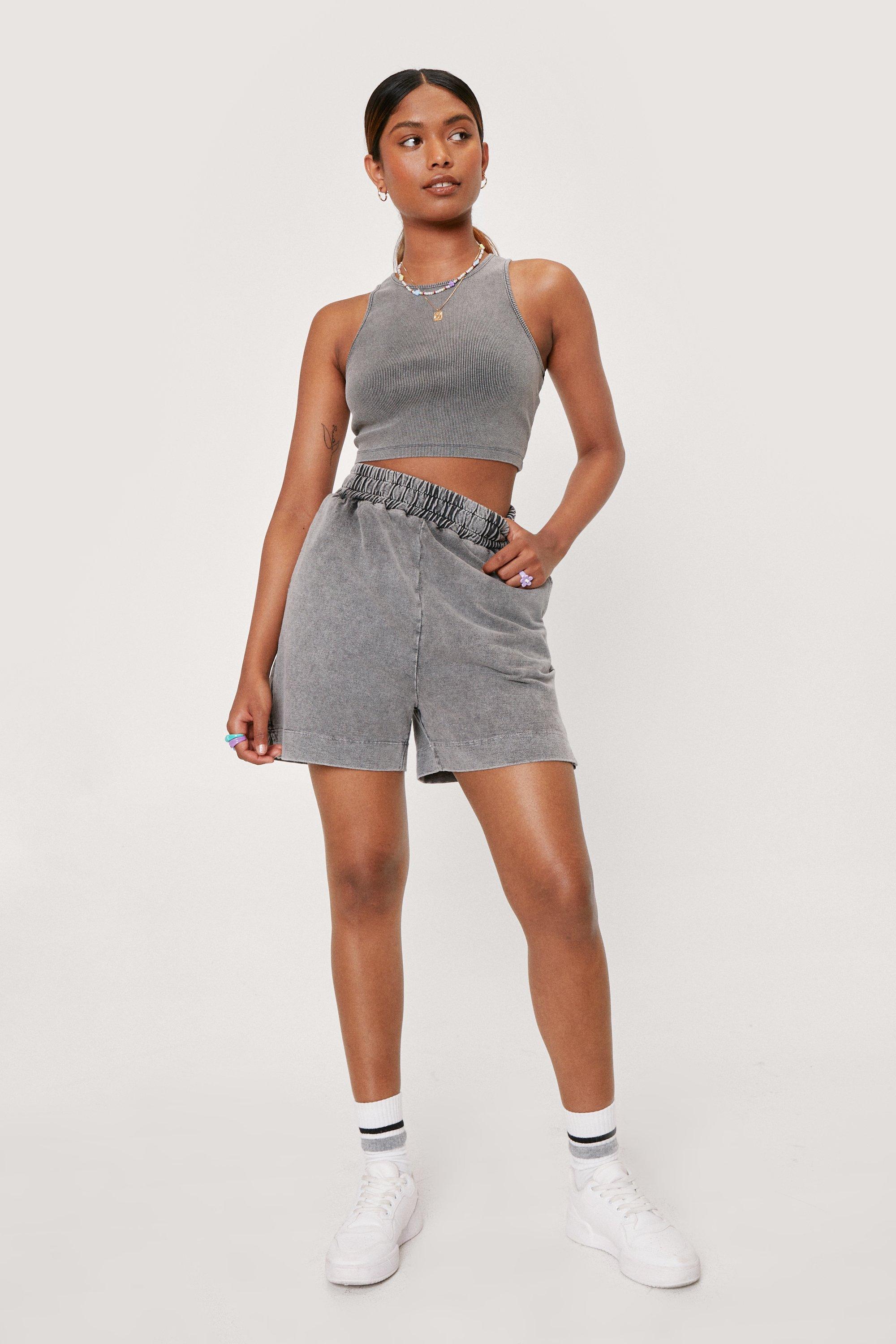 Women s Acid Wash Ribbed Racerback top and Jogger Shorts Set