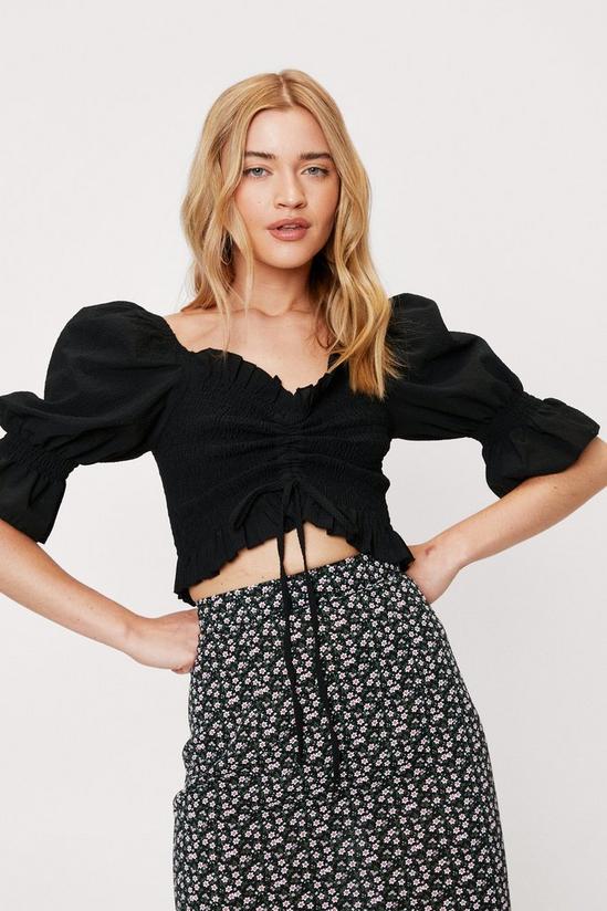 NastyGal Check Textured Ruched Puff Sleeve Crop Blouse 1