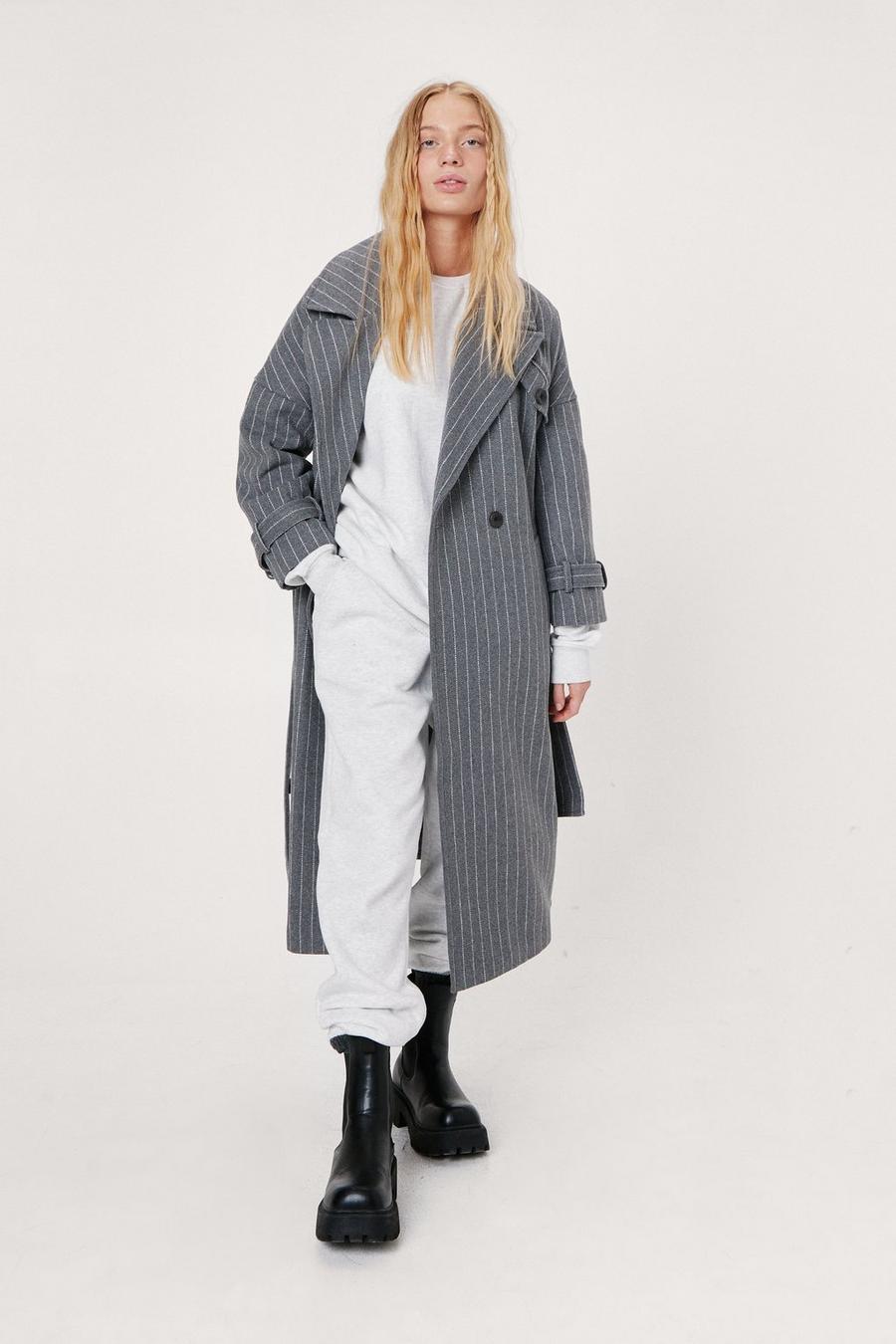 Grey Petite Stripe Belted Wool Look Coat image number 1