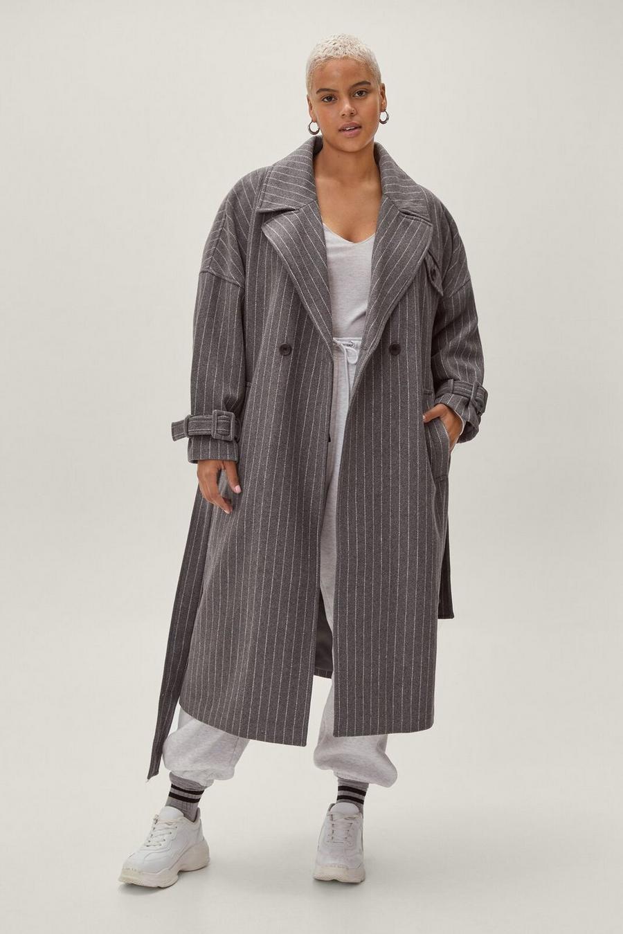 Grey Plus Size Pinstripe Belted Wool Look Coat image number 1
