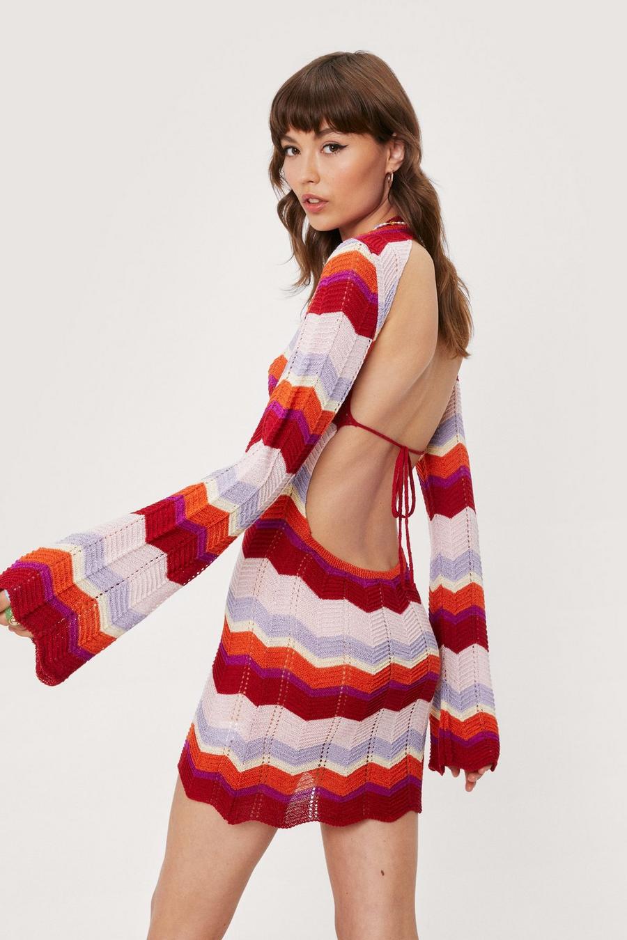 Red Crochet Stripe Tie Open Back Mini Dress
