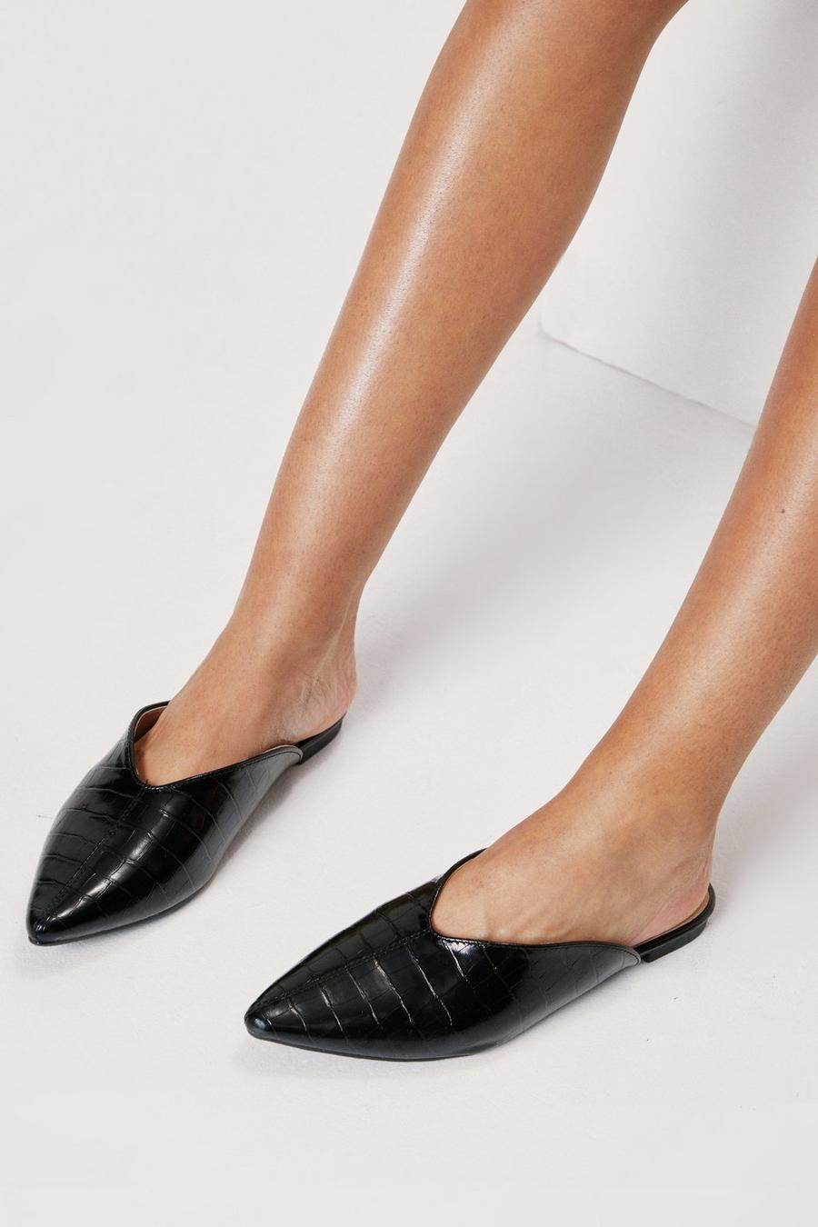 Black Faux Leather Croc Pointed Toe Loafers