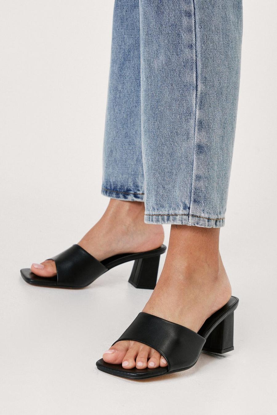 Black Faux Leather Block Heel Open Toe Mules image number 1