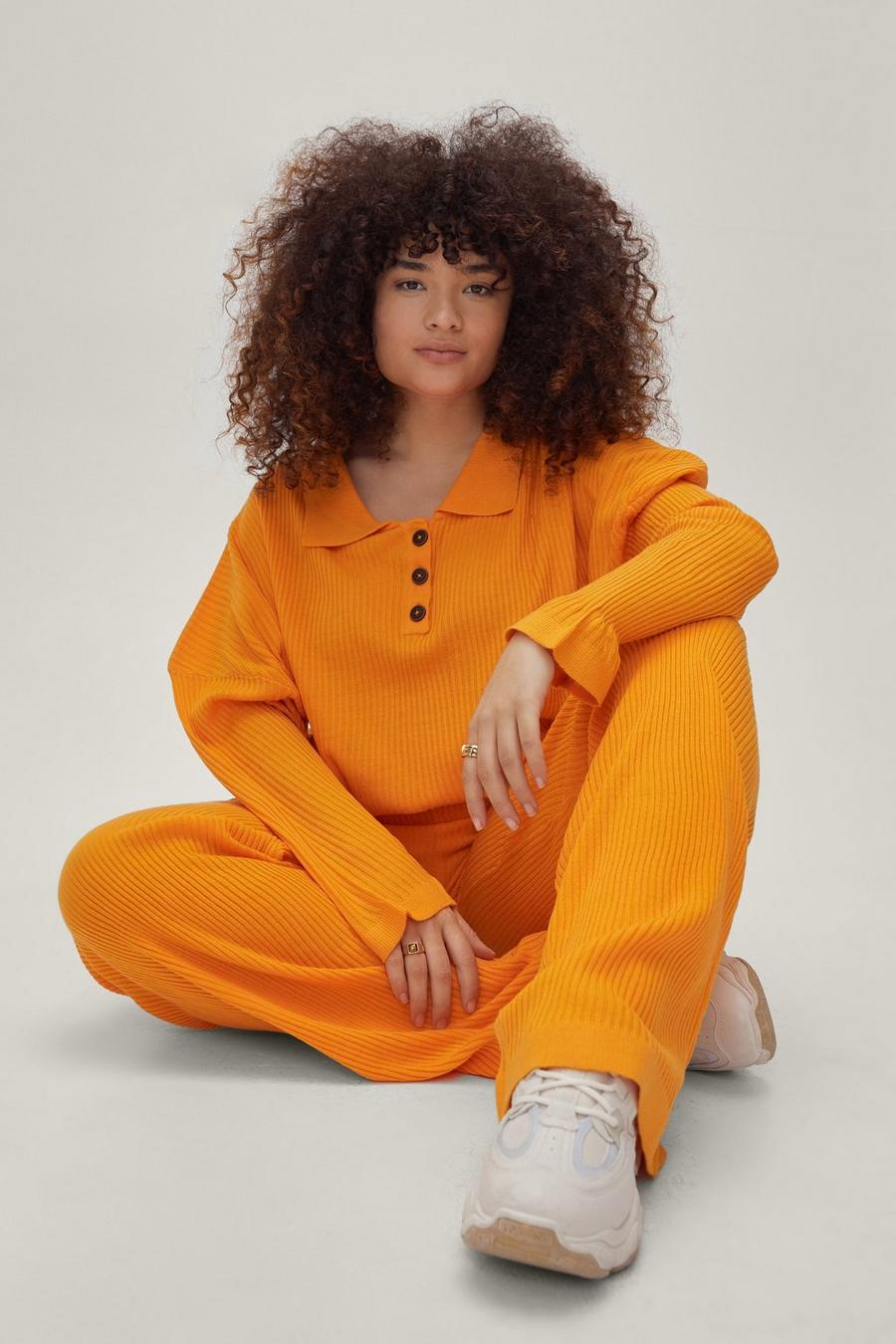 Amber orange Plus Size Knitted Button Top & Trouser Set image number 1