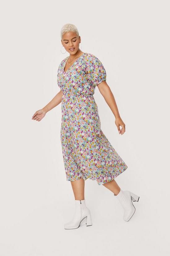 NastyGal Plus Size Floral Wrap Puff Sleeve Midi Dress 1