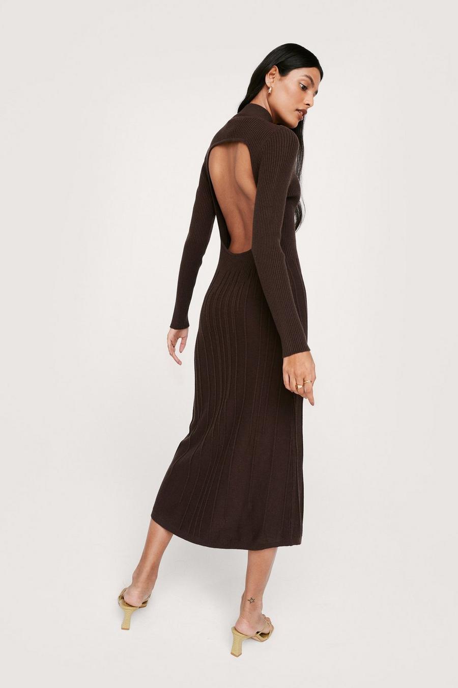Chocolate Knitted Ribbed Bias Cut Open Back Midi Dress image number 1