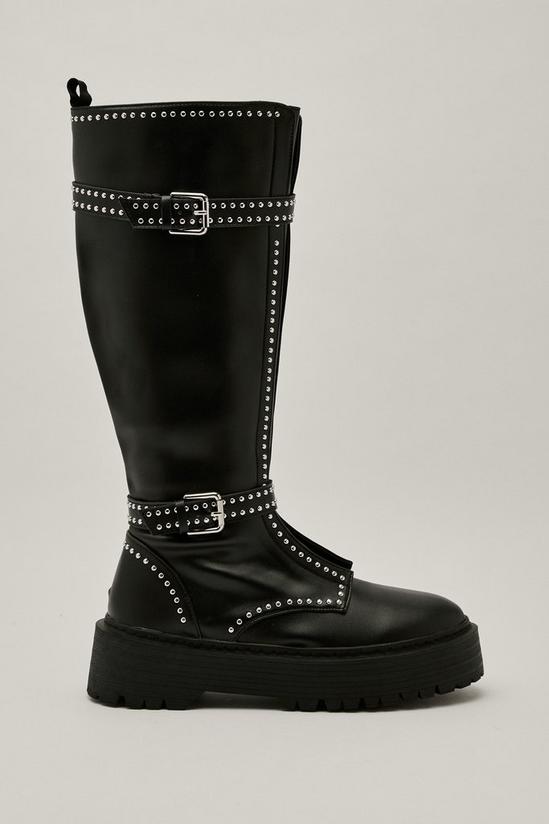 NastyGal Faux Leather Double Buckle Studded Calf High Boots 2