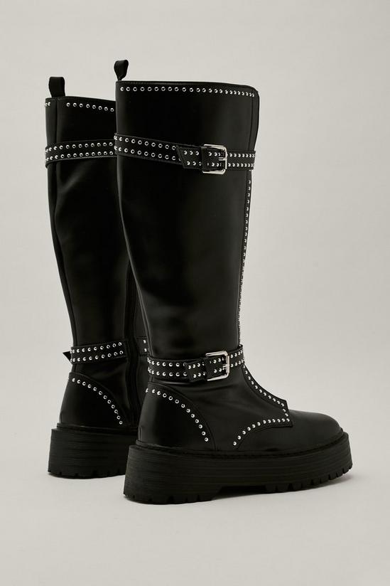 NastyGal Faux Leather Double Buckle Studded Calf High Boots 3