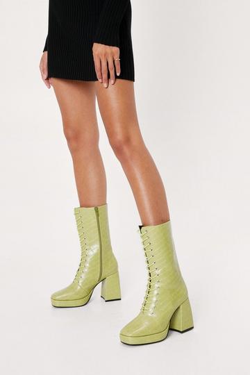 Pu Croc Lace Up Platform Boots sage