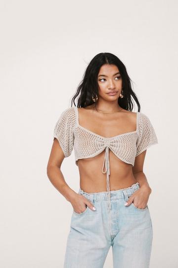 Crochet Puff Sleeve Cropped Beach Cover Up Top stone