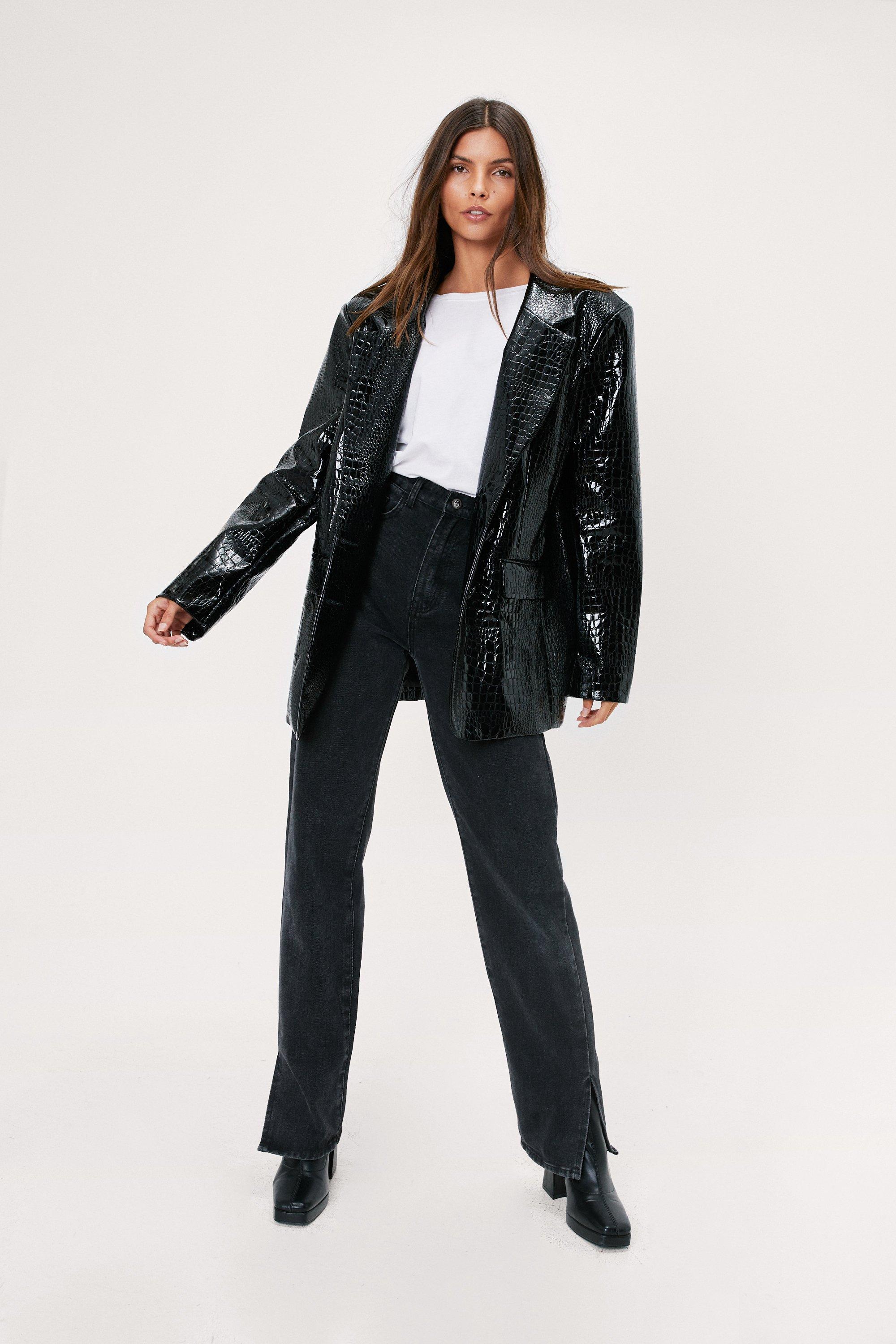 Faux Leather Croc Embossed Oversized Blazer