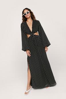 NastyGal black Polka Dot Long Sleeve Cut Out Maxi Dress